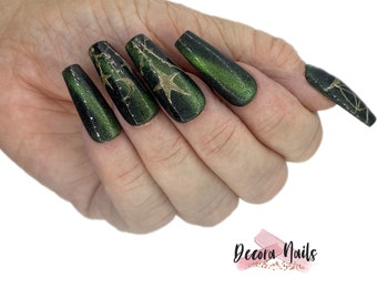 Press On Nails Colour Shift Cats Eye Nails Gothic Halloween Witch Nails Green Nails Stiletto Nails Coffin Nails Square Nails