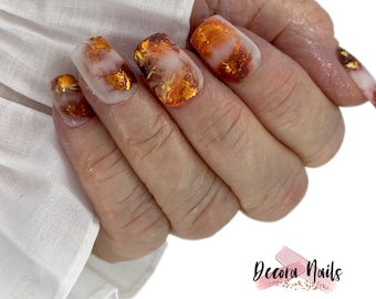 Marble Press On Nails: Autumn Brown Orange False Nails