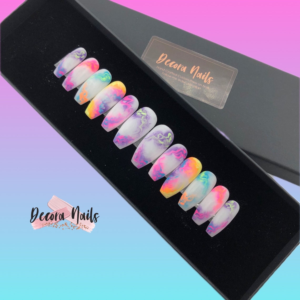 Hand Made Reusable Press on Nails Multi Marble Milky False Etsy