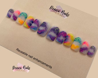 Ready to Ship / RTS Reusable Press On Nails Multi Marble Milky False Nails Matte Nails Rainbow Nails —Size Square Medium - Large