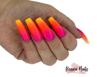 Reusable Ombre Press On Nails: Summer Orange Stiletto Coffin Square