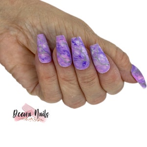 Reusable Press On Nails Purple Marble Gel Design False Nails Silver Metalic Detail Matte Finish  - coffin nails square nails stiletto nails