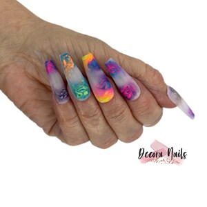 Hand Made Reusable Press On Nails Multi Marble Milky False Nails Matte Nails Long Nails Rainbow Nails Watercolour Nails Short Nails