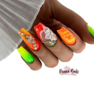 Reusable Press On Nails Summer Ombre Nail Bling Crystal Nail 3d Flower Summer Cocktails 3Xl Stiletto Shape Coffin Shape Long Nails Gel Nails