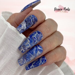 Reusable Hand Made Press On Nails Reusable Blue Marble Gel Design False Nails Silver Metalic Chrome Nails image 3