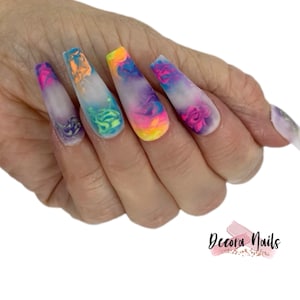 Hand Made Reusable Press On Nails Multi Marble Milky False Nails Matte Nails Long Nails Rainbow Nails Watercolour Nails Short Nails