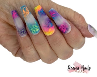 Hand Made Reusable Press On Nails Multi Marble Milky False Nails Matte Nails Long Nails Rainbow Nails Watercolour Nails Short Nails