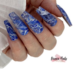 Reusable Hand Made Press On Nails Reusable Blue Marble Gel Design False Nails Silver Metalic Chrome Nails