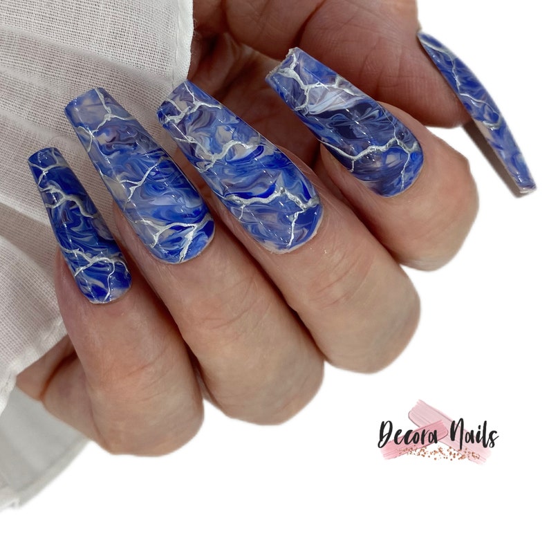 Reusable Hand Made Press On Nails Reusable Blue Marble Gel Design False Nails Silver Metalic Chrome Nails image 1