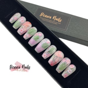 Ready to Ship, RTS, Milk Bath Nails, Milky Press on Nails with Dried Flowers - Coffin Medium, Size Medium