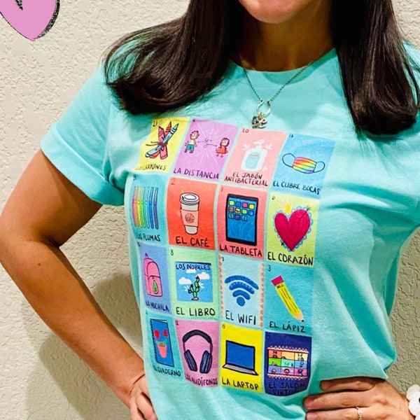 Shirt van de leraar | Loteria-kaarten | Tweetalig | Afstandsonderwijs | Docent Spaans | Tweetalig overhemd | Shirt kleuterjuf | Leraar Cadeau