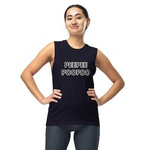May include: A sleeveless navy blue tank top with the words "PEEPEE POOPOO" in white block letters. The top is worn by a person with their hands on their hips.