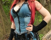 Alt Alternative Punk Glam Rock Heavy Metal Babe Blue Denim Bustier Corset Top with Zip