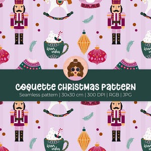 Pastel coquette Christmas seamless pattern, hand-drawn Christmas repeat design, cute pastel christmas digital paper