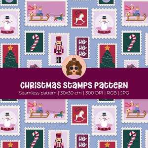 Coquette Christmas stamps seamless pattern, hand-drawn Christmas repeat design, cute pastel Christmas digital paper
