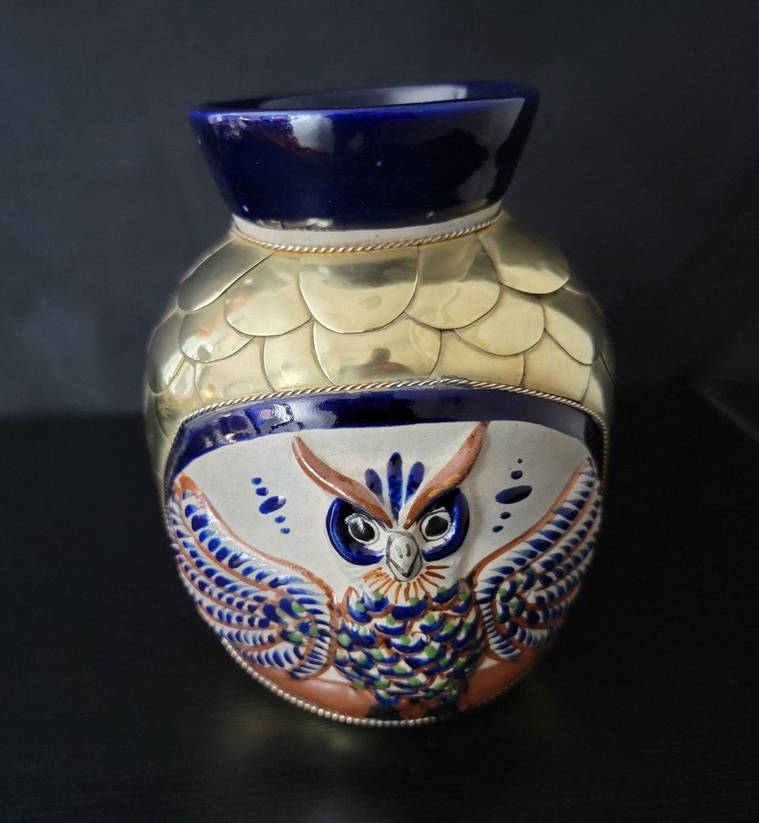 Rare Vintage Ceramic and Brass Owls Vase Sculpture in the Style of