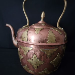 19th Century Copper Kettle with Brass Floral Decoration