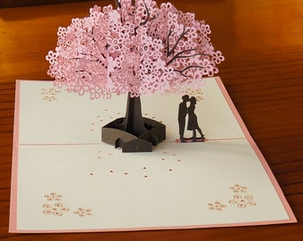 High Quality Handmade Rose Engagement Wedding Proposal Ring Box  and Couple Under Cherry Blossom 3D Card  Set