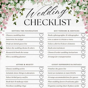 May include: A wedding checklist with headings for setting the foundation, key vendors, attire, guest experience, wedding day timeline, and final touches. The text is in black script on a white background, with floral accents and wedding bells.