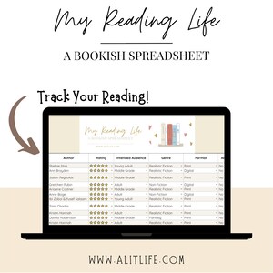 Puede incluir: Una pantalla de computadora portátil que muestra una hoja de cálculo titulada "My Reading Life: A Bookish Spreadsheet". La hoja de cálculo tiene columnas para el autor, la calificación, el público objetivo, el género, el formato y una columna para notas. La hoja de cálculo está llena de títulos de libros y autores.