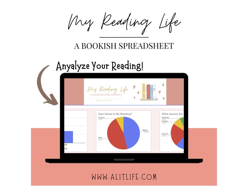 May include: A laptop screen displaying a spreadsheet titled "My Reading Life: A Bookish Spreadsheet". The spreadsheet includes charts and graphs to analyze reading habits, with titles like "How Varied Is My Reading?" and "What Genres Am I Reading?"
