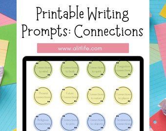 May include: A laptop screen displaying a printable writing prompt worksheet with the title "Printable Writing Prompts: Connections" and the website address "www.alitlife.com". The worksheet features nine circular prompts with different connection themes, such as "Connections to mind", "Connections to body", "Connections to spirit", "Forgotten connections", "Present connections", "Future connections", "Connections to nature", "Connections to places", "Religious connections", "Connections to pets", "Connections to objects", and "Sentimental connections".