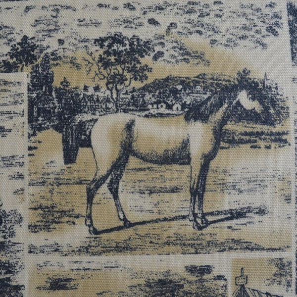 18 Yards Available/ VINTAGE WAVERLY UPHOLSTERY / 100% Cotton / 56" Wide/ Med. Weight / Equestrian Horse Toile / Black, Beige