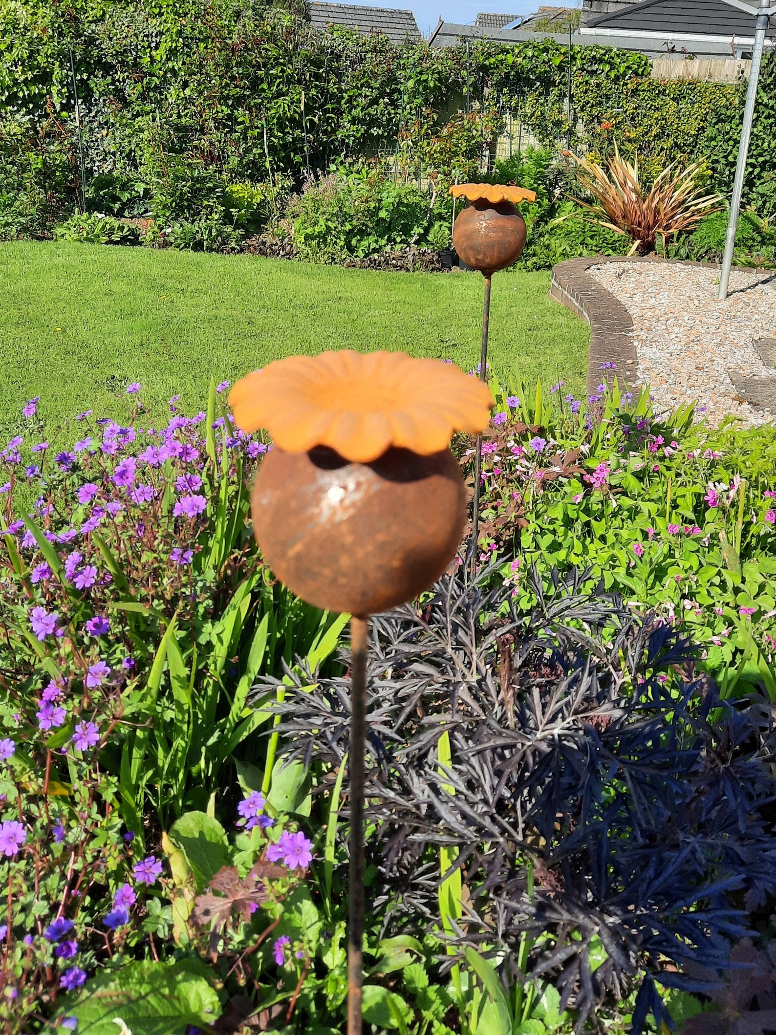 Garden Ornament Rusty Poppy Seed Plant Stake Garden Decor Etsy
