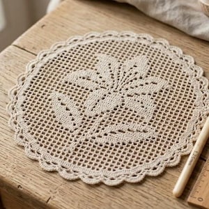 May include: A round, cream-colored crochet doily featuring a central floral motif with leaves, surrounded by a scalloped edge. A wooden crochet hook with a 1.25mm tip and a wooden ruler are positioned next to the doily, showing its scale.