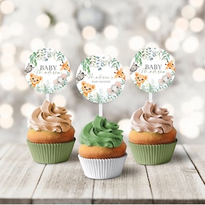 EDITABLE Safari Baby shower Cupcake Toppers, Jungle animals Party Decorations, Wild One Cupcake toppers Instant download Printable Digital