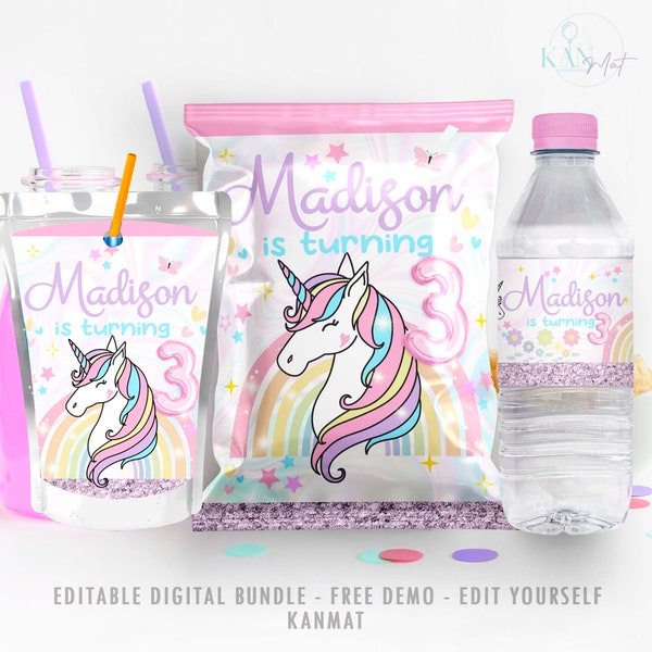 Editable BUNDLE Unicorn magical chip or snacks bag, water bottle label, rice krispies labels, chips pouch, favors, self editable printable