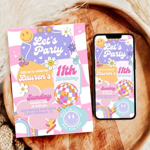 Editable Let&#39;s Party Checkered Smile Face Invitation Retro Groovy Birthday Party Emoji Invitation Hippie Disco Party PRINTABLE DOWNLOAD
