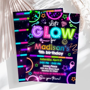 Glow-Party-Einladung zum Ausdrucken, Neon-Einladung für Mädchen im Dunkeln, Glow-Einladung, Regenbogen-Mädchen-Teenager-Geburtstagseinladung, Neon-Einladung, digitaler Download, Bearbeiten