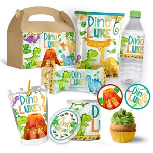 Editierbares Dinosaurier-Geburtstagsdekorations-Geschenkpaket, Dinosaurier-Junge-Geburtstag, druckbare Leckerli-Chip-Tasche, Dino-Candy-Bar-Saft-Wasser-Etikett