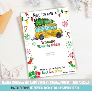 Porta-cartão de presente editável para motorista de ônibus escolar, presentes de Natal imprimíveis, porta-cartão de presente para motorista de ônibus escolar, feriado de presentes de Natal