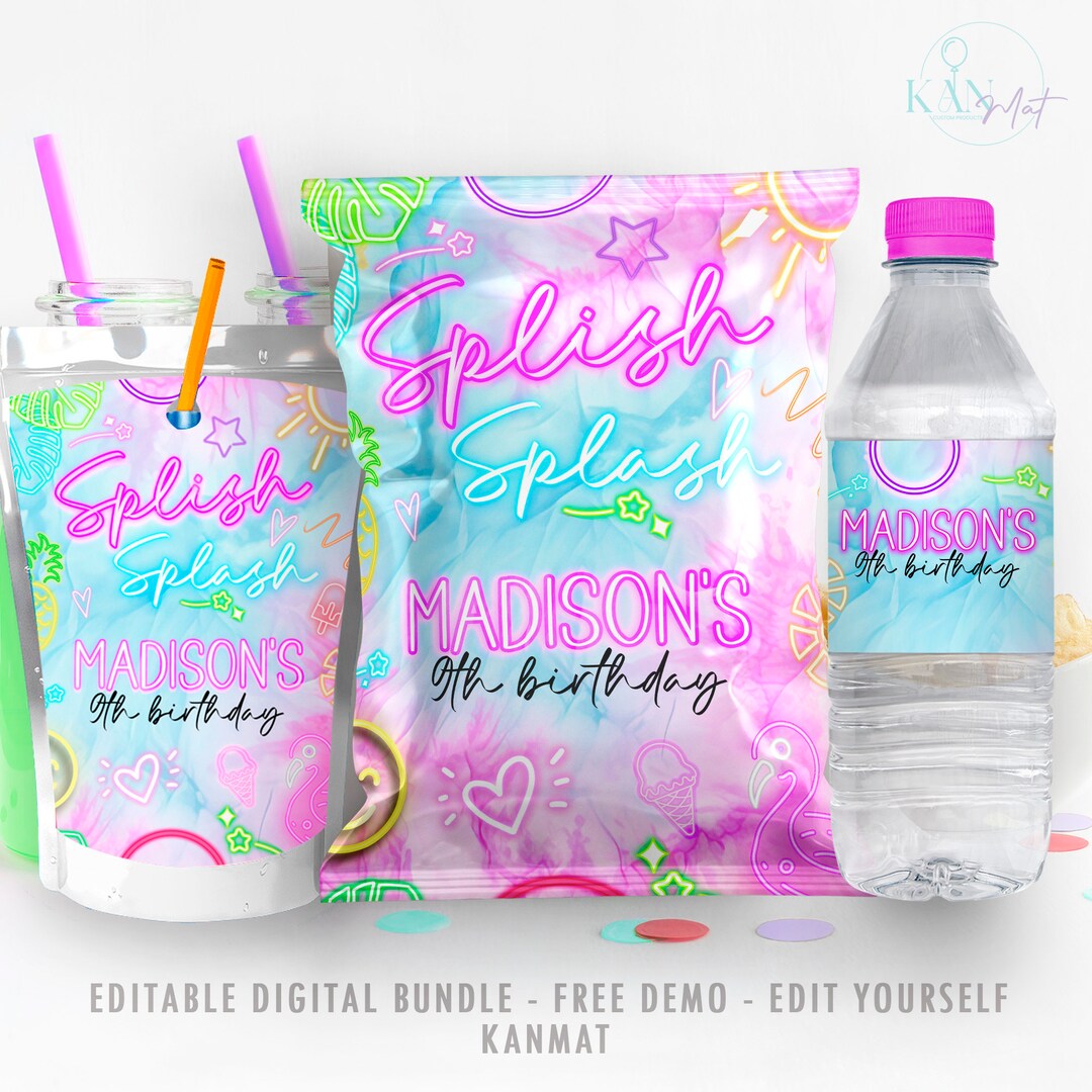 EDITABLE Splish Splash Pool Party Birthday Invitation, Glowing Tie Dye