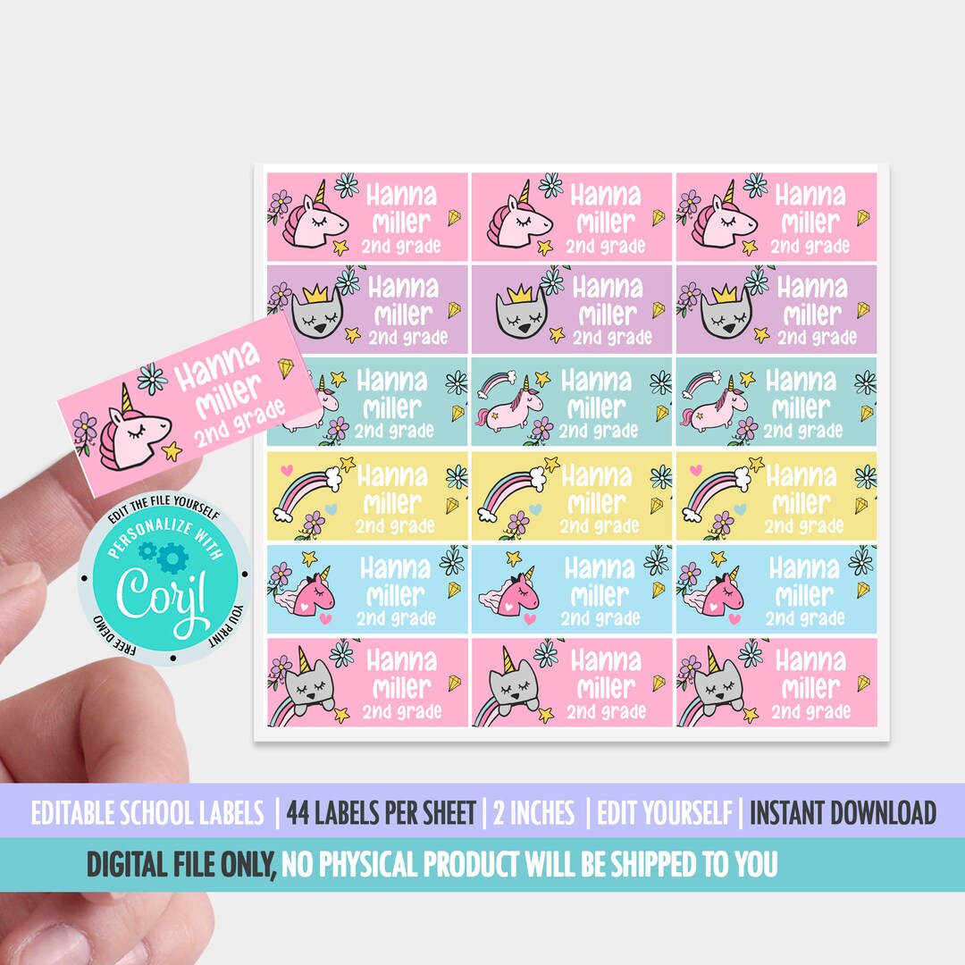 Unicorn Name Labels, School Name Labels, Daycare Labels, School Name ...