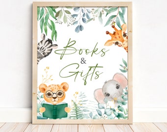 Books and Gifts Sign A Little Wild One Baby Shower, Safari Jungle Baby Shower Gifts Sign, Greenery Safari Animals Baby Shower Decor