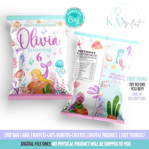 Editable Mermaid Chip Bag Wrappers Under The Sea Birthday Party Chip Bag Favors Mermaid Party Chip Pouch Party Favors Instant Download