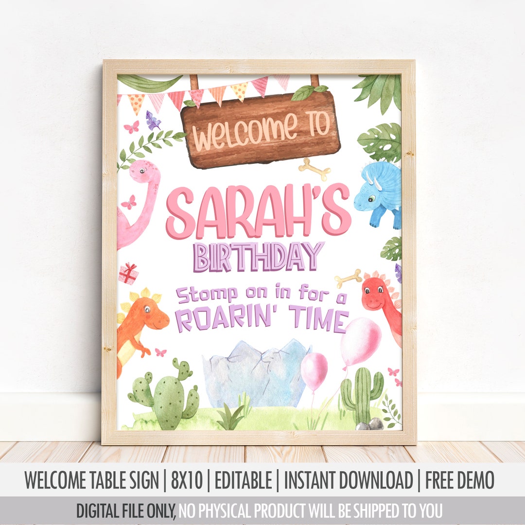 Editable Dinosaur Welcome Sign Girl Pink and Purple Dino Party - Etsy