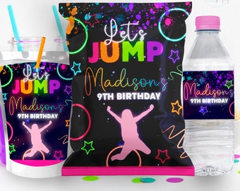 Bearbeitbares Jump-Trampolin-Partypaket, leuchtende Geburtstagsetiketten, Jump & Celebration Trampolinpark, gemeinsamer Geburtstag, Neon-Geburtstagsdekoration für Mädchen