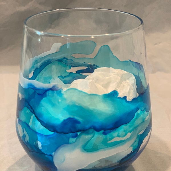 Blue Hand Painted Stemless Wine Glass