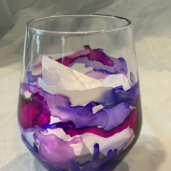 Purple Hand Painted Stemless Wine Glass