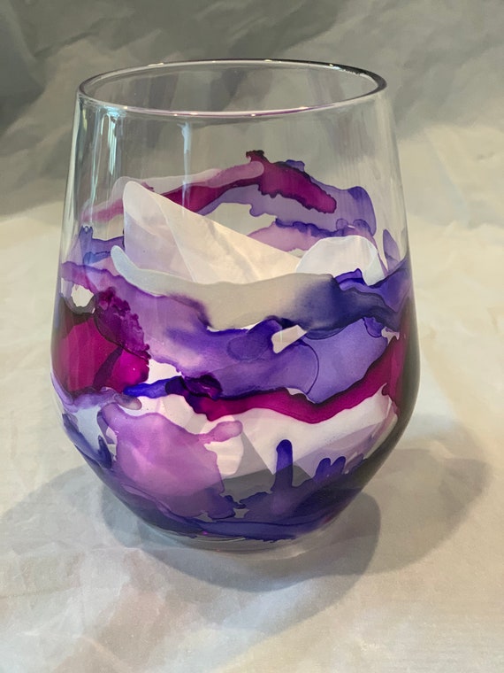Purple Hand Painted Stemless Wine Glass