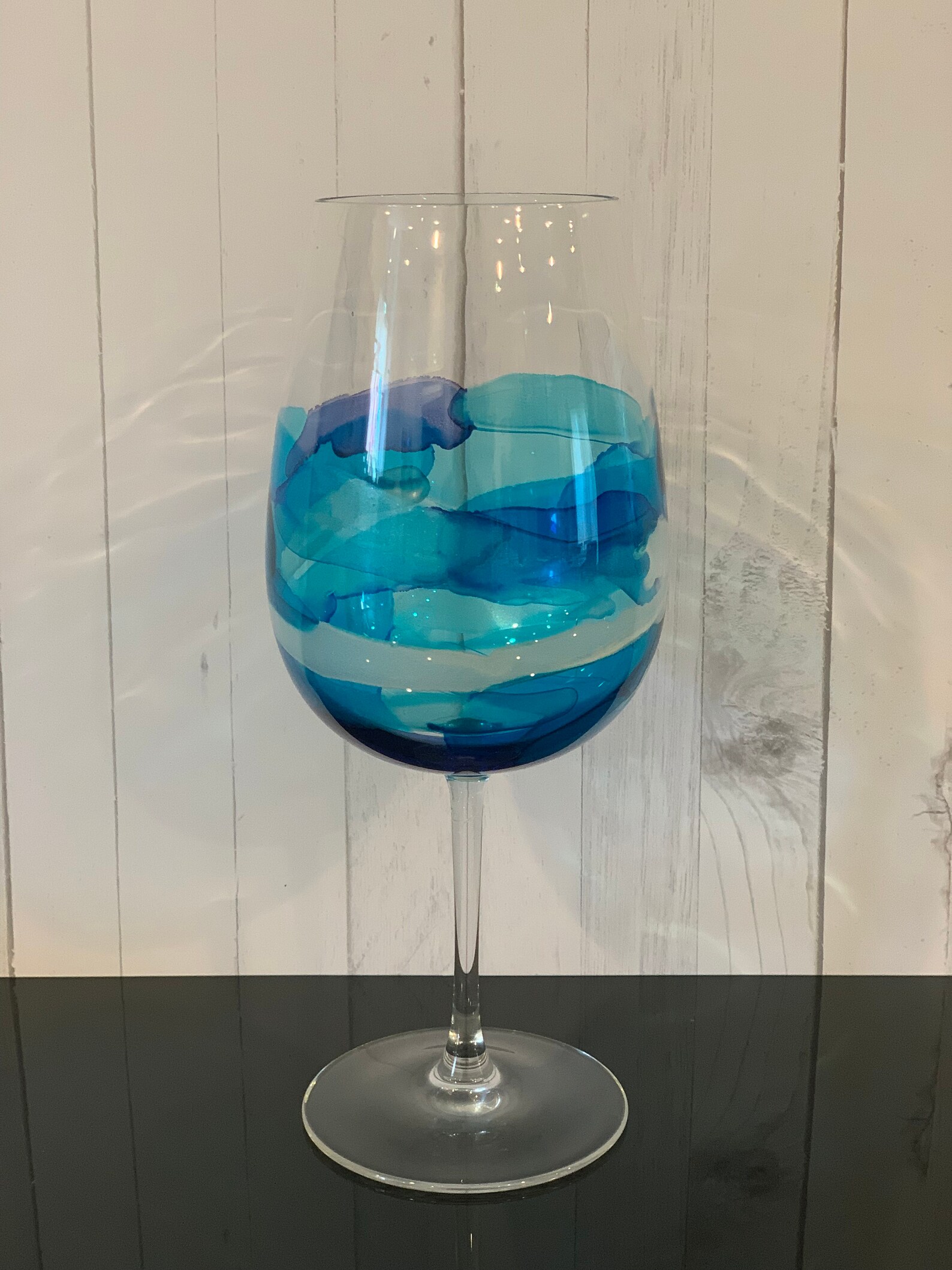 Blue Hand Painted Stemmed Wine Glass Etsy