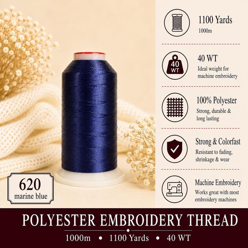 K&ouml;nnte beinhalten: Eine Spule marineblaues Polyester-Stickgarn mit der Kennzeichnung 620. Das Garn ist 1000m lang, hat ein Gewicht von 40 WT und besteht aus 100% Polyester. Es ist rei&szlig;fest, farbecht und f&uuml;r den Einsatz mit Stickmaschinen geeignet.