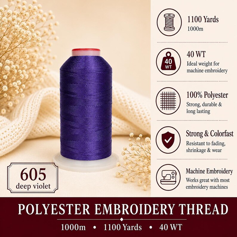 K&ouml;nnte beinhalten: Eine Spule mit tiefviolettem Polyester-Stickgarn, beschriftet mit 605. Die Spule enth&auml;lt 1000m Garn der St&auml;rke 40 WT. Zu den Produktmerkmalen geh&ouml;ren 100% Polyester, Farbechtheit sowie die Kompatibilit&auml;t mit den meisten Stickmaschinen.
