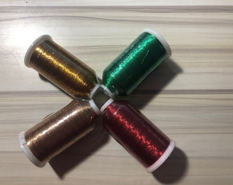 Metallic Embroidery Thread 1100 yards (1000 meters). Set of Red, Green, Bronze, Gold