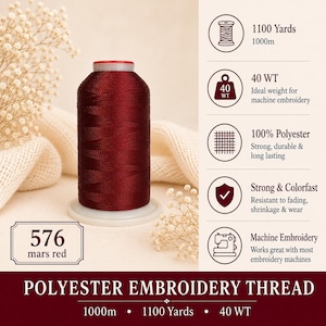 May include: A spool of mars red polyester embroidery thread labeled 576. The graphic includes icons for 1100 yards, 1000m, 40 WT, 100% polyester, colorfastness, and machine embroidery. The text reads Polyester Embroidery Thread, 1000m, 1100 Yards, 40 WT.