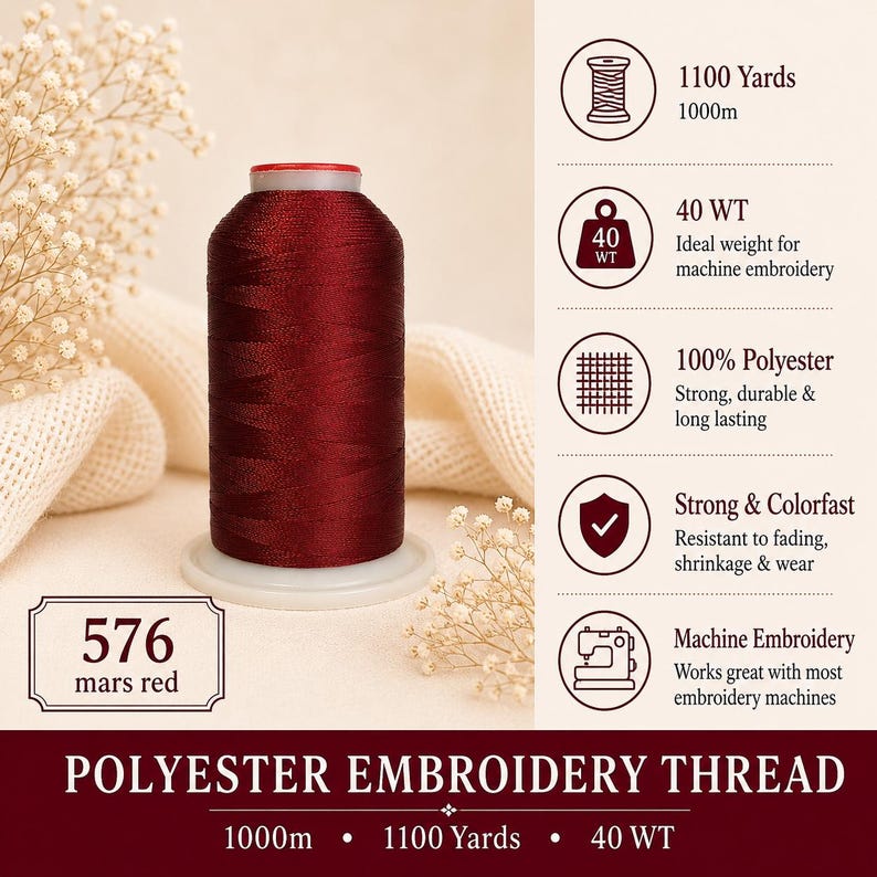 May include: A spool of mars red polyester embroidery thread labeled 576. The graphic includes icons for 1100 yards, 1000m, 40 WT, 100% polyester, colorfastness, and machine embroidery. The text reads Polyester Embroidery Thread, 1000m, 1100 Yards, 40 WT.